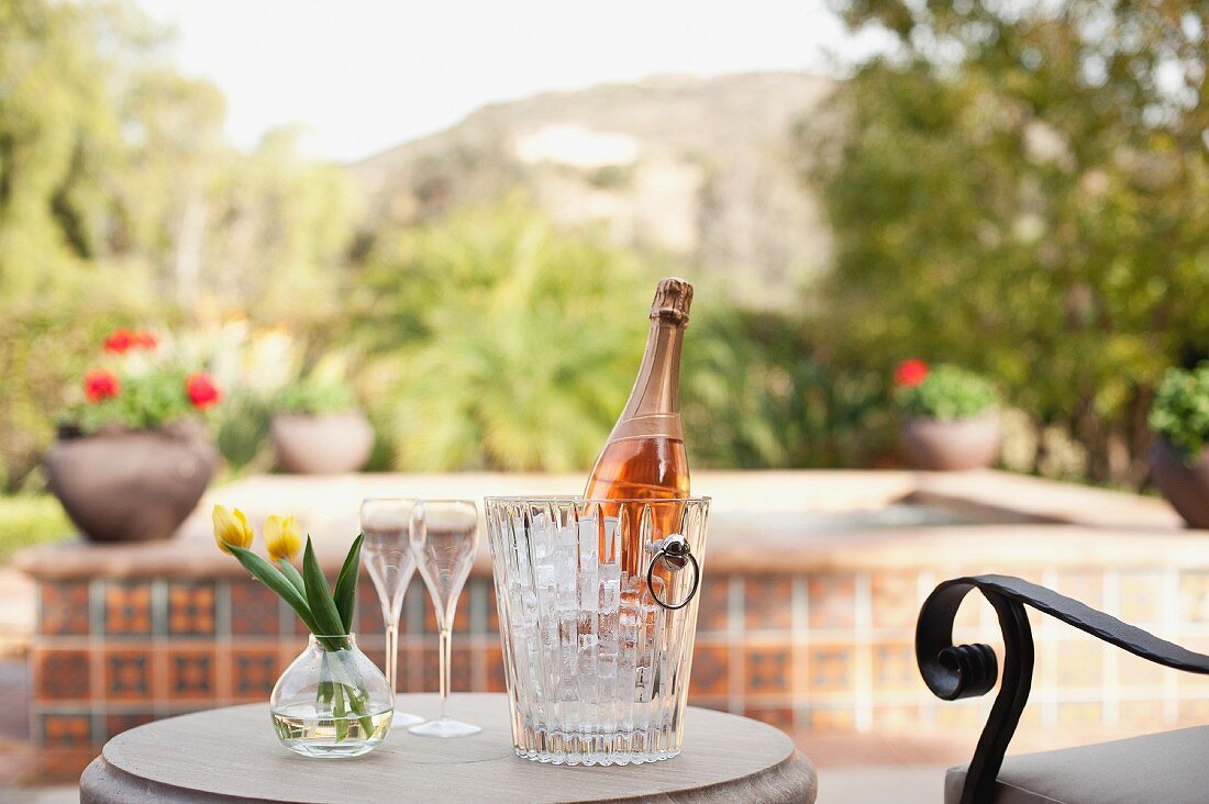 Flutes, vase and wine bottle in ice bucket on outdoor table against blurred plants