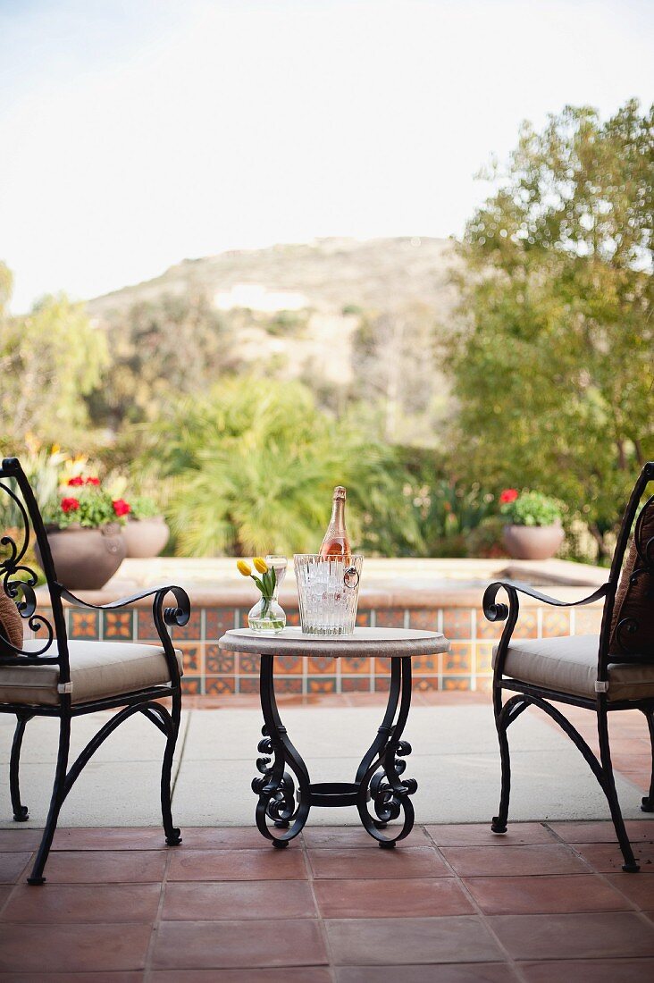 Vase and wine bottle in ice bucket on outdoor table in front of plants