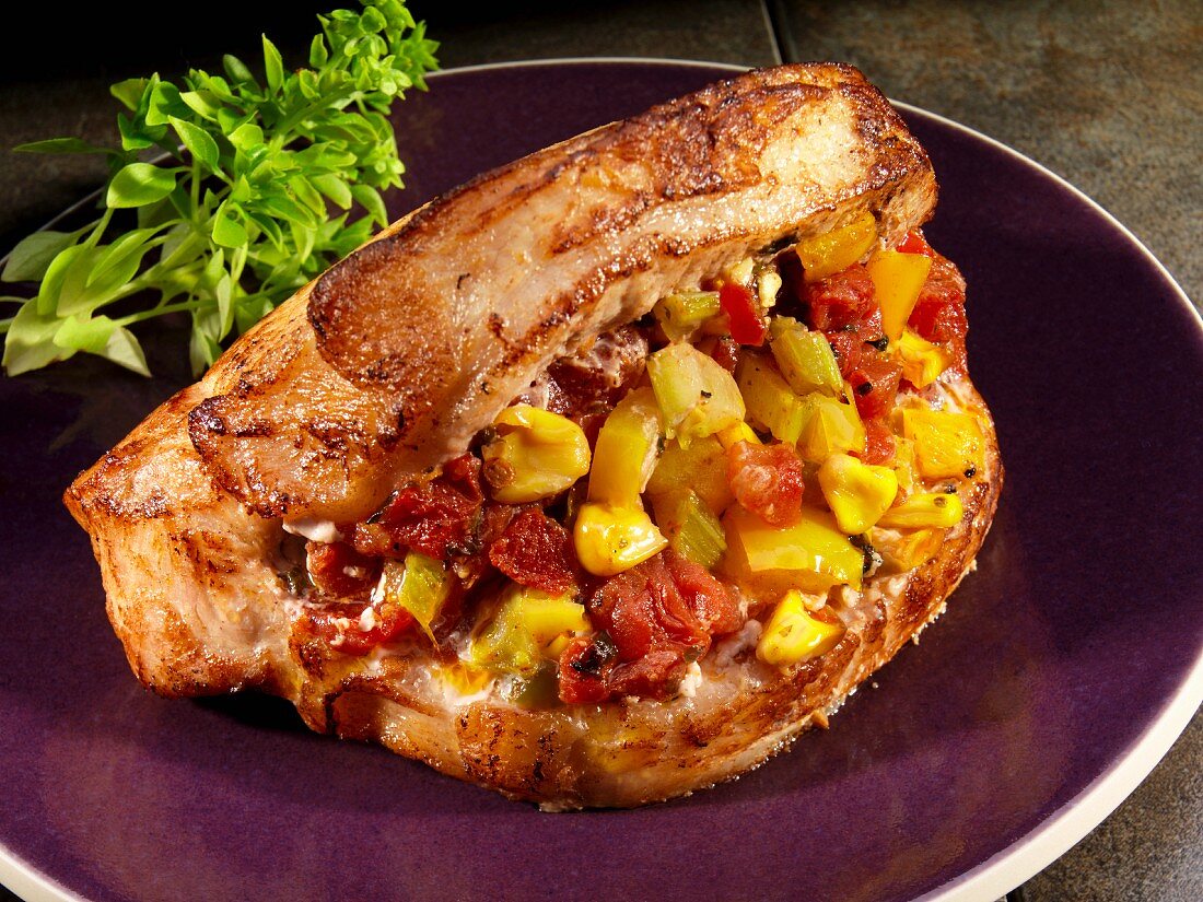 A pork chop stuffed with sweetcorn and tomatoes