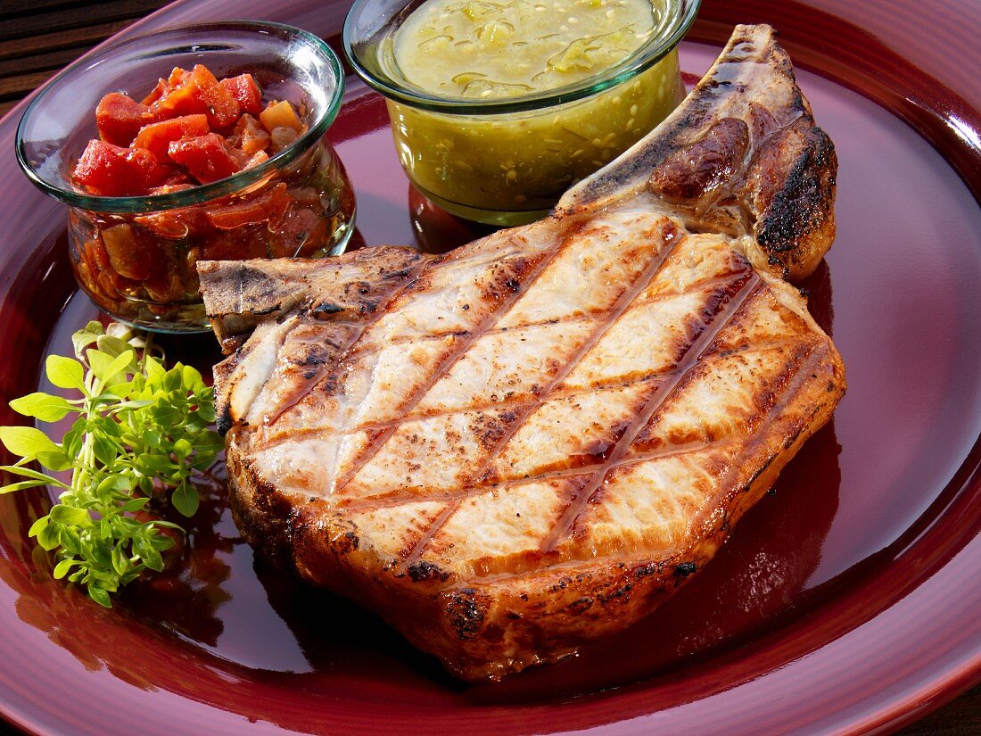 Grilled pork chop with tomato salsa and salsa verde