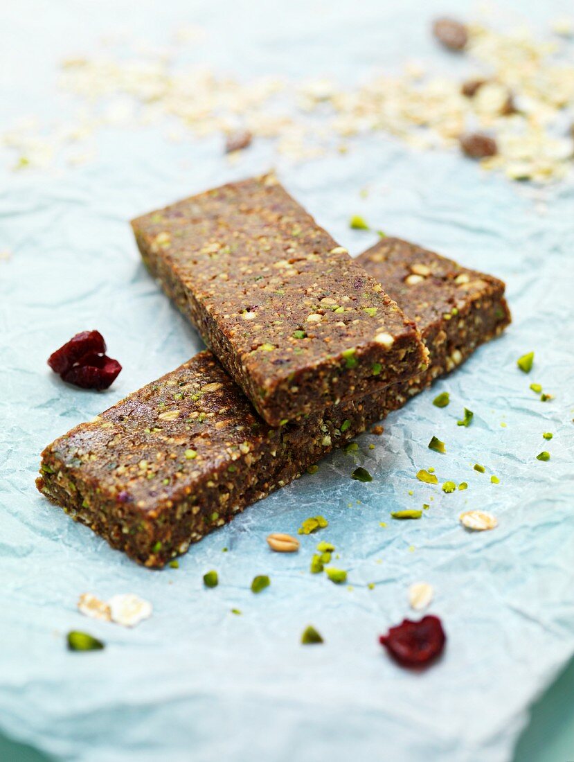 A fruit bar made with muesli, pistachios and nuts