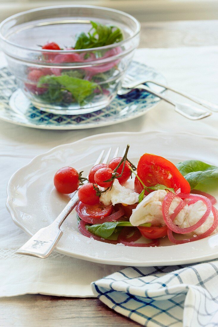 Capresesalat mit sauer eingelegten Zwiebeln