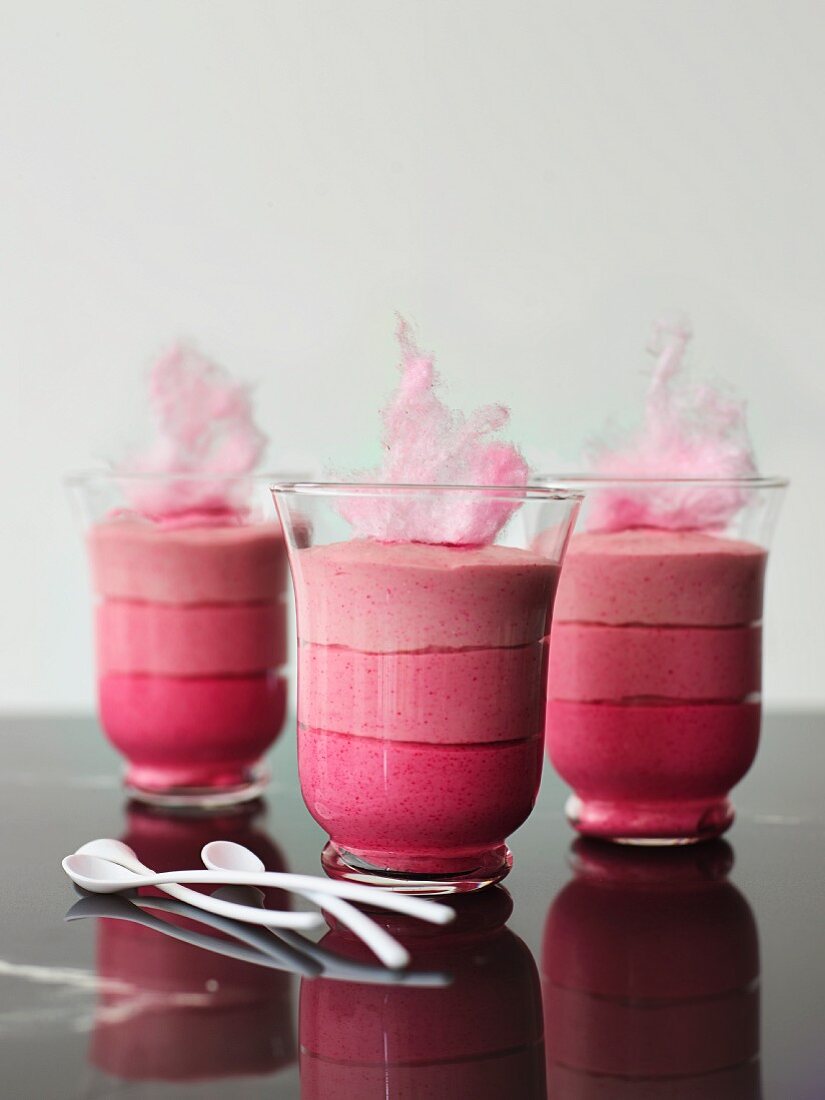 Raspberry mousse garnished with candy floss