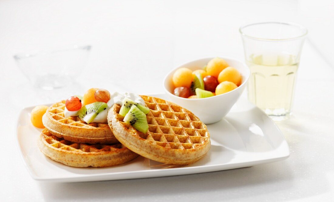 Waffles with fresh fruit and cream