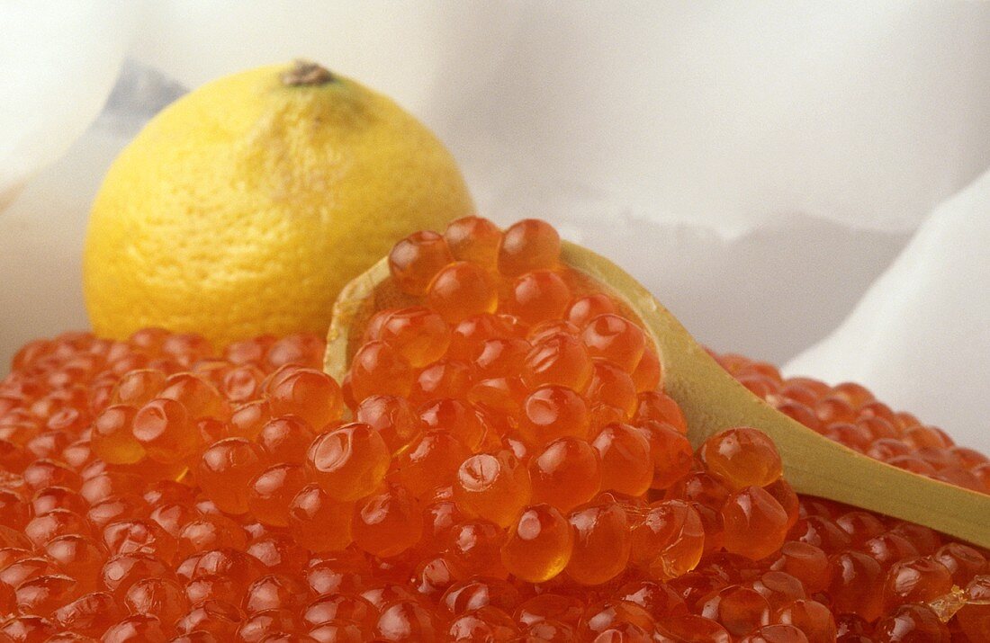 A Spoon Scooping Salmon Caviar