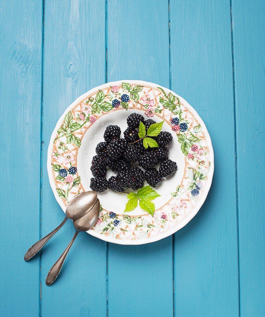 A plate of fresh blackberries with leaves