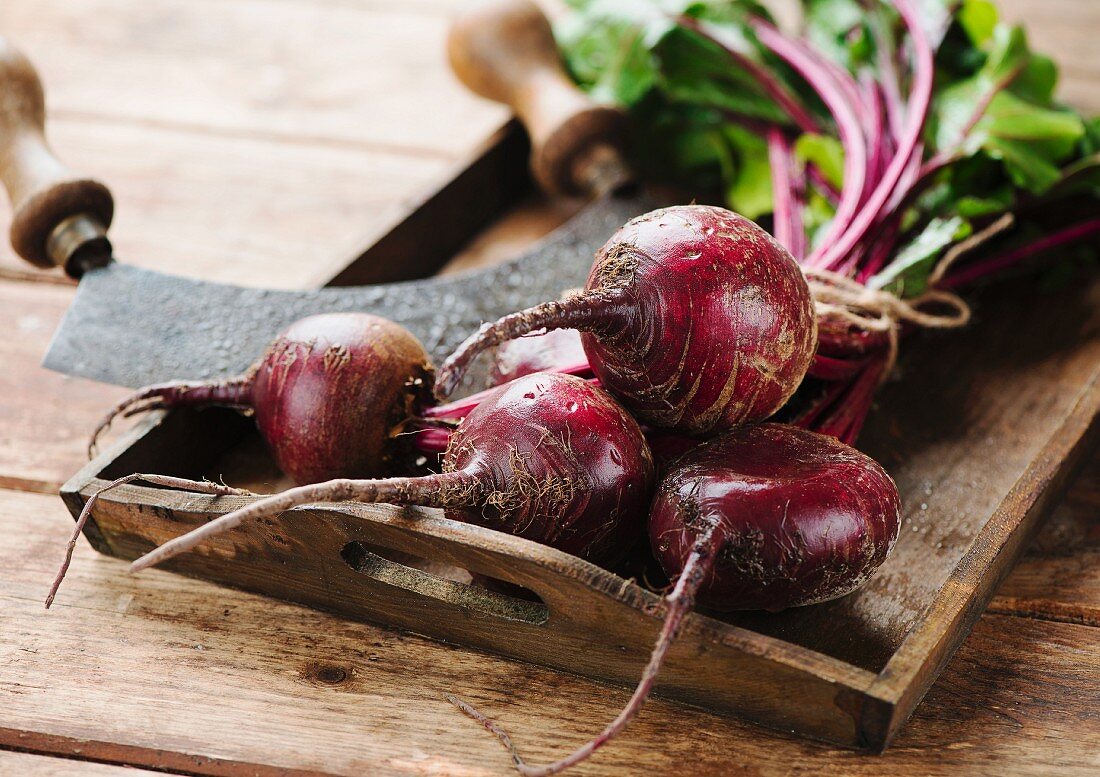Beetroot with a mezzaluna on a wooden tray