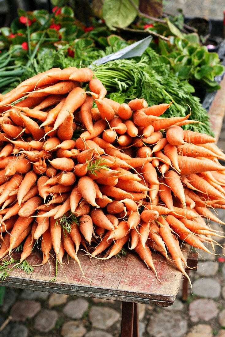 Ein Haufen Karotten auf dem Markt