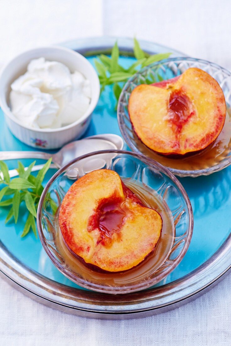 Poached peaches with lemon verbena syrup