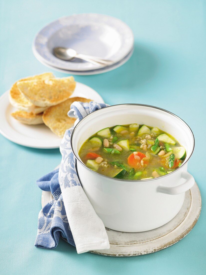Vegetable soup with pearl barley and white beans