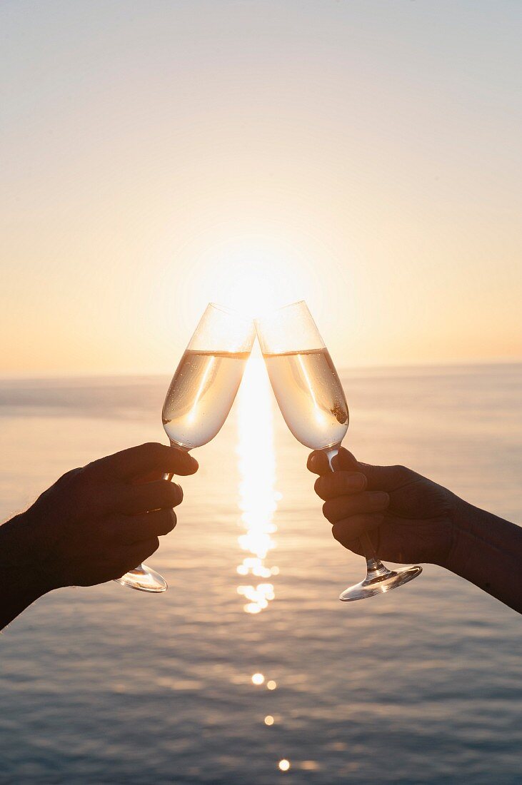 A couple toasting with champagne against sunset over the sea
