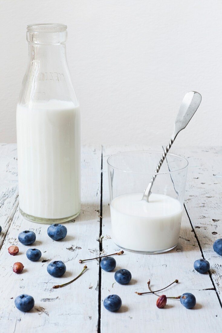 Fresh milk in an old-fashioned bottle and in a glass