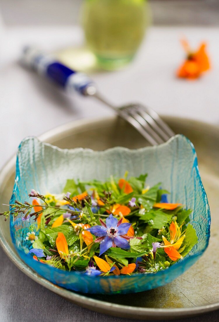 A wild herb salad with edible flowers