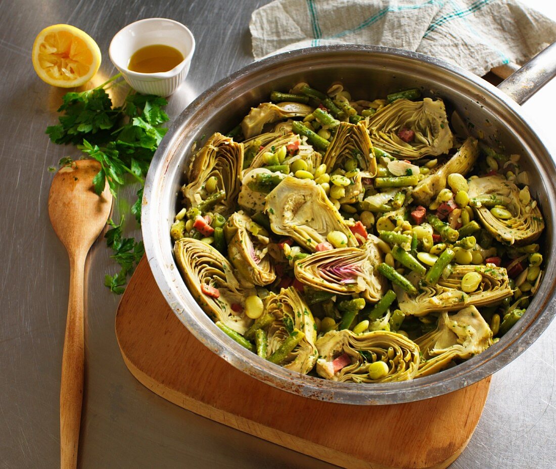 Steamed artichokes and beans