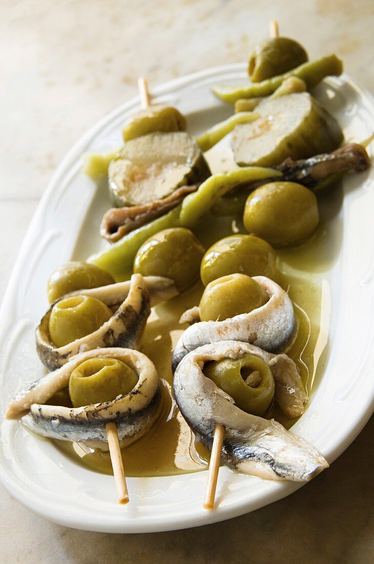 Anchovy and olive skewers