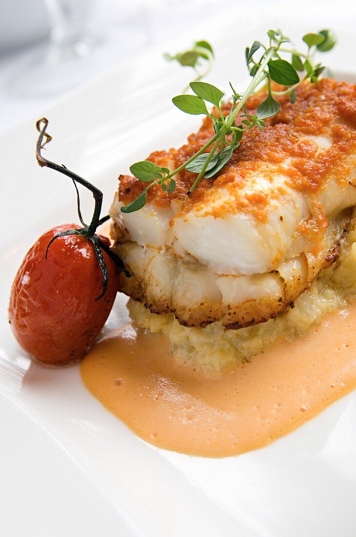 Hake on a bed of potato gratin with a creamy tomato sauce