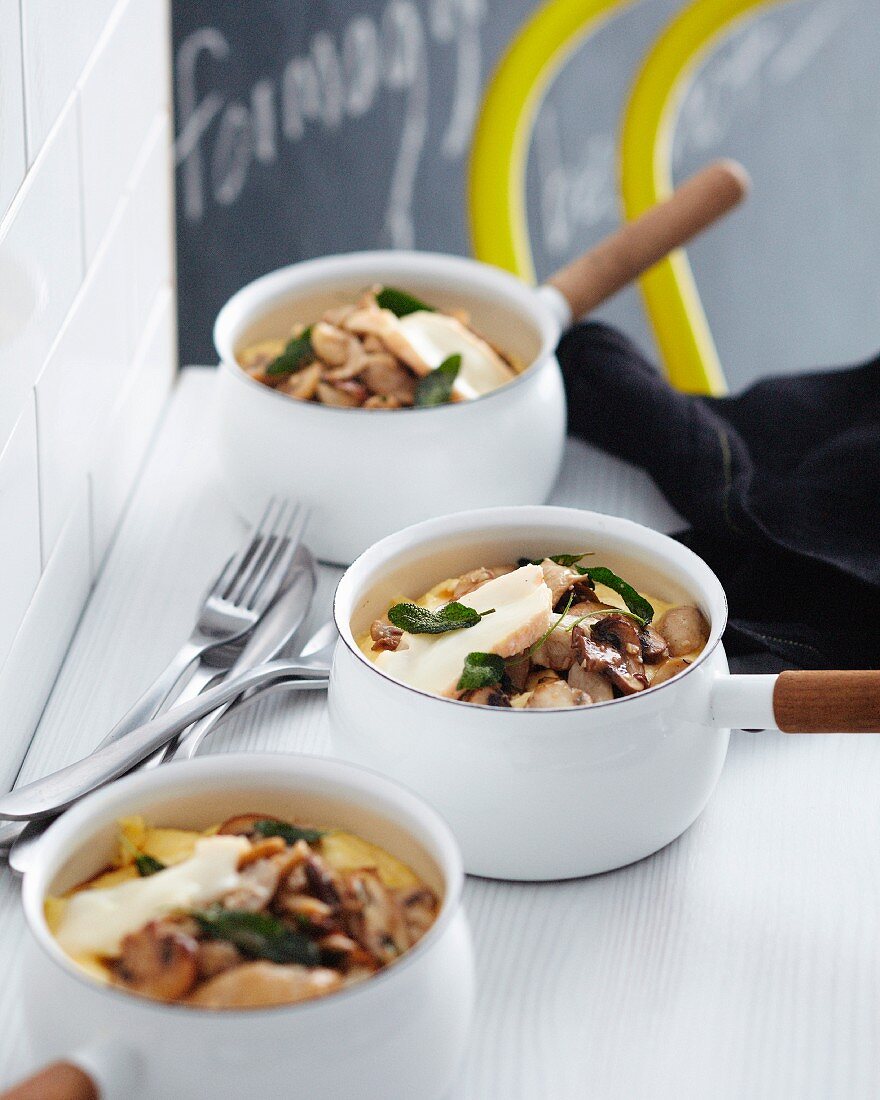 Porcini mushroom soup with pecorino, sage and truffle oil in a saucepan