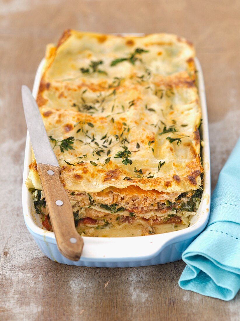 Lasagne mit Lachs, Spinat und Tomaten