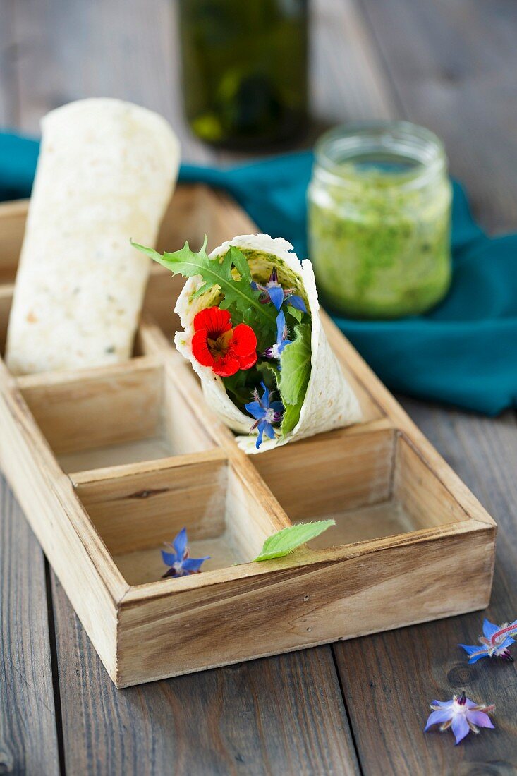 A wild herb cream and salad wrap