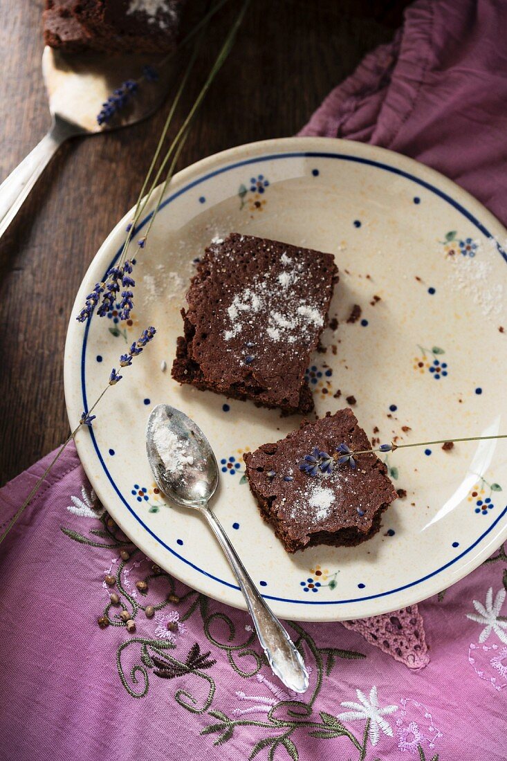 Brownies with lavender flowers and lavender sugar