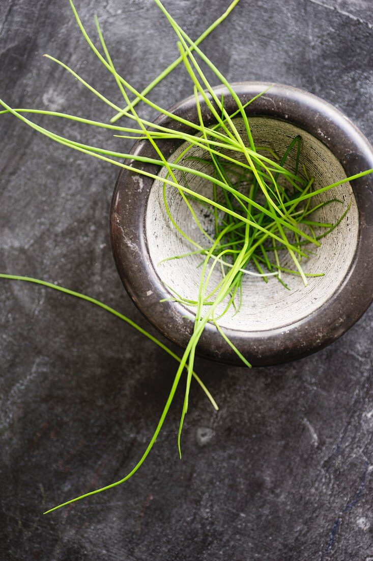 Chives in a ceramic bowl