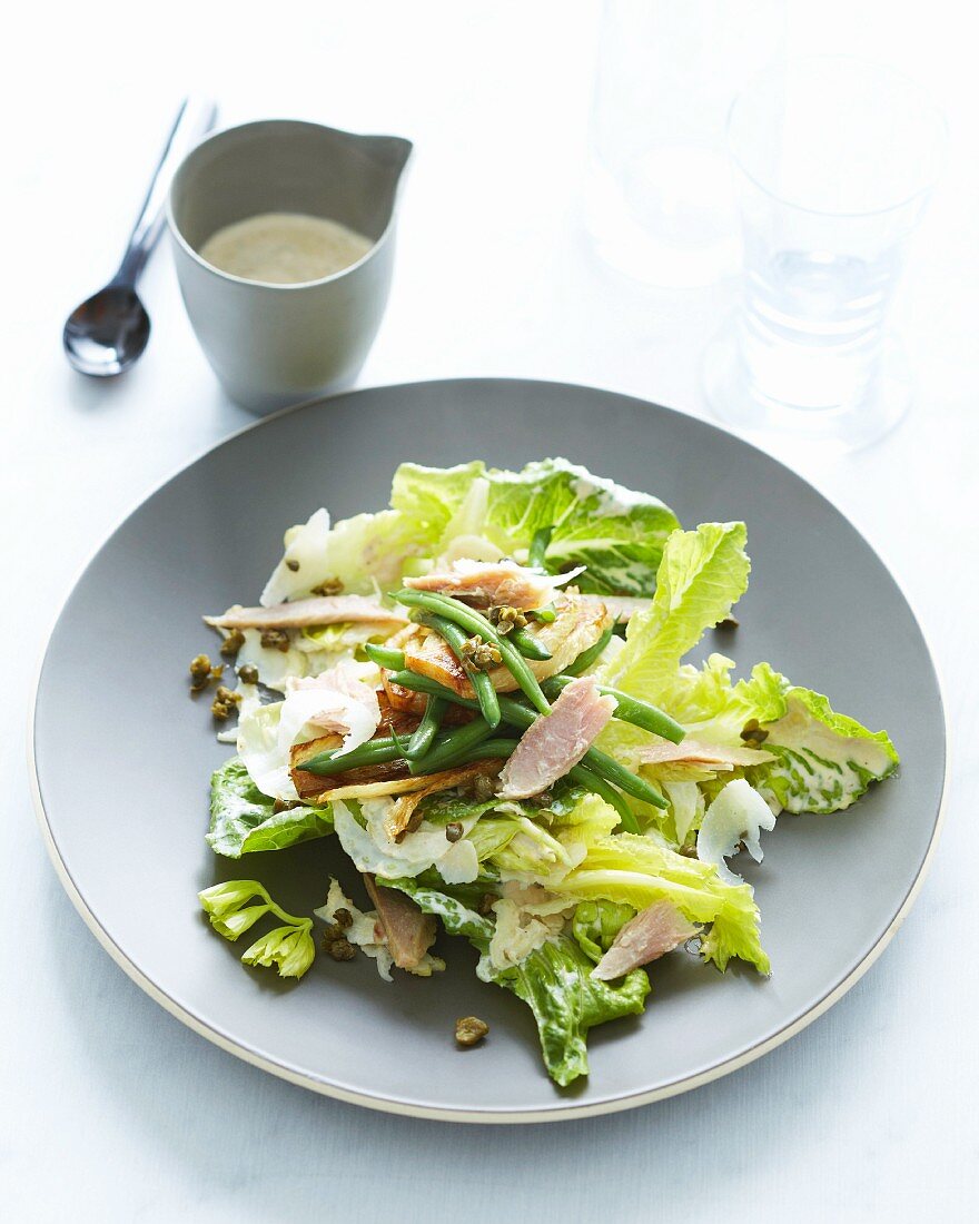 Cos lettuce with tuna fish, fennel, green beans and capers