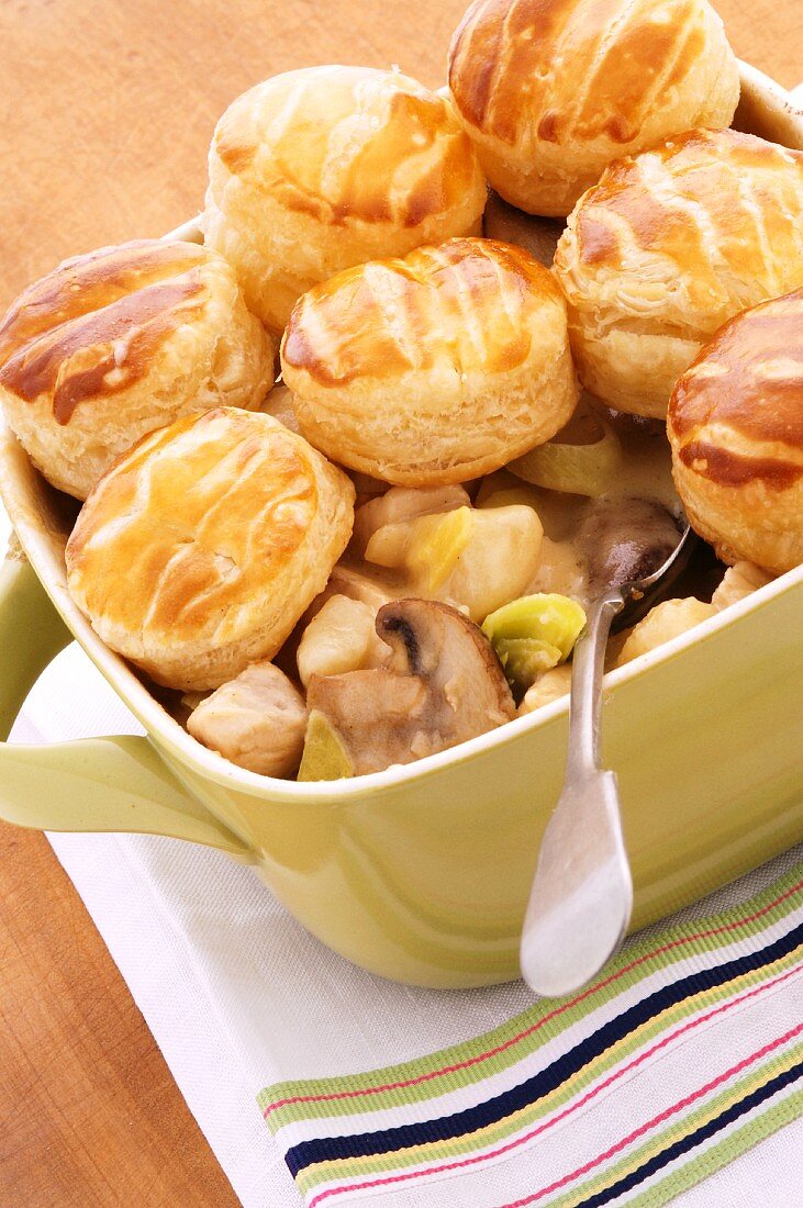 Chicken pot pie with mushrooms and American biscuits