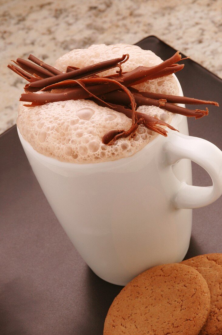 Hot chocolate garnished with chocolate flakes