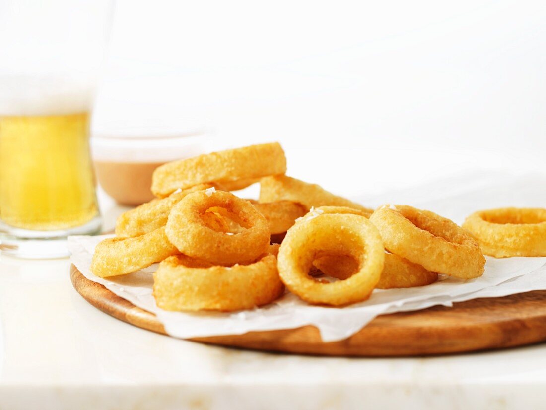 Fried onion rings and beer