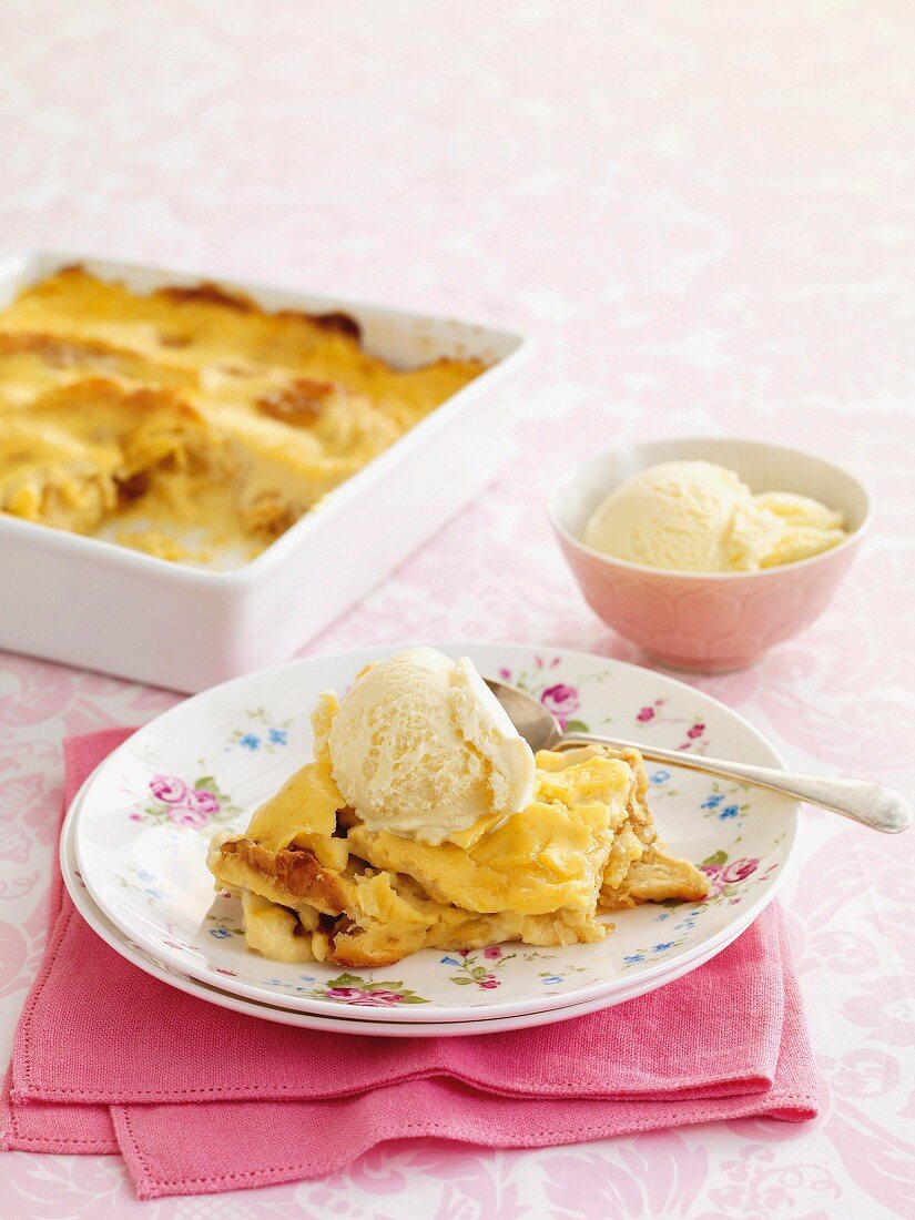 Croissant pudding with apricot jam and vanilla ice cream