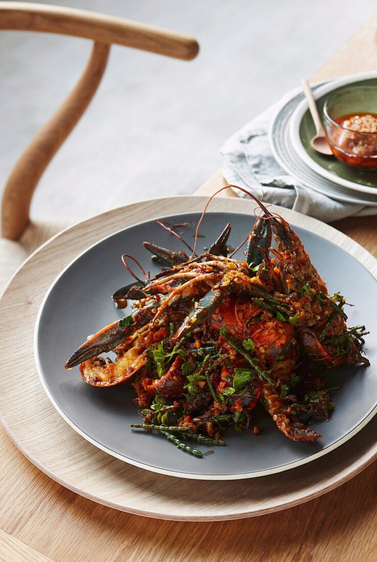 Fried crabs with XO sauce, parsley and samphire