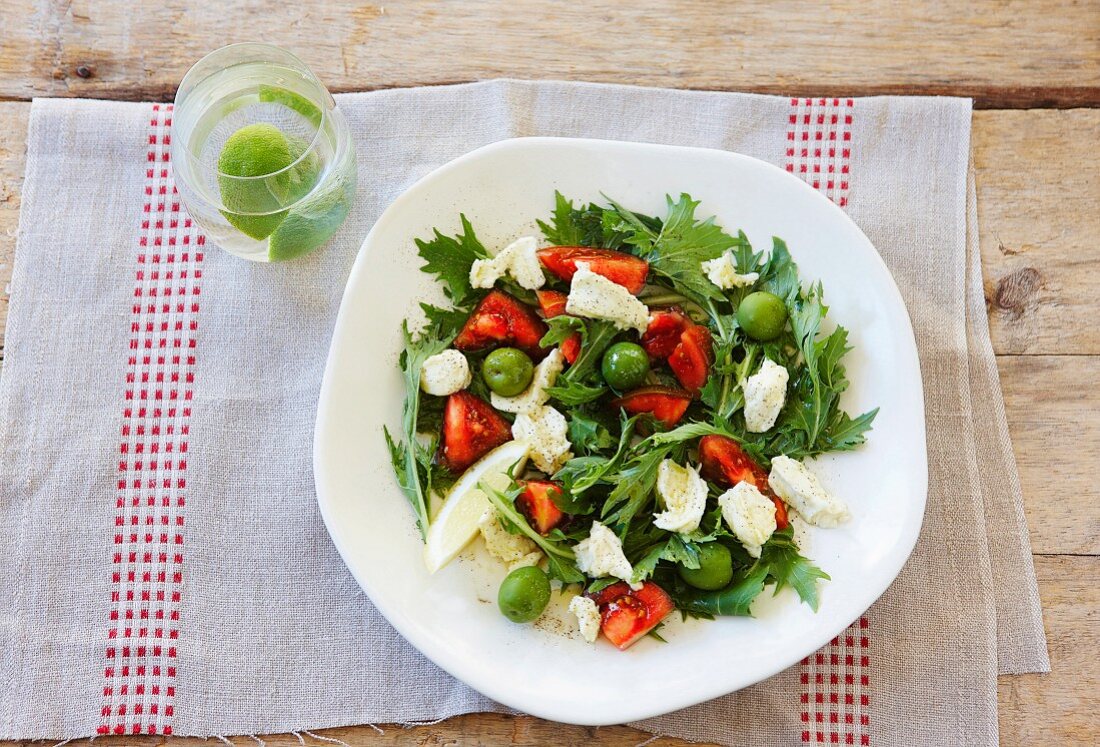 Tomato and mozzarella salad with green olives