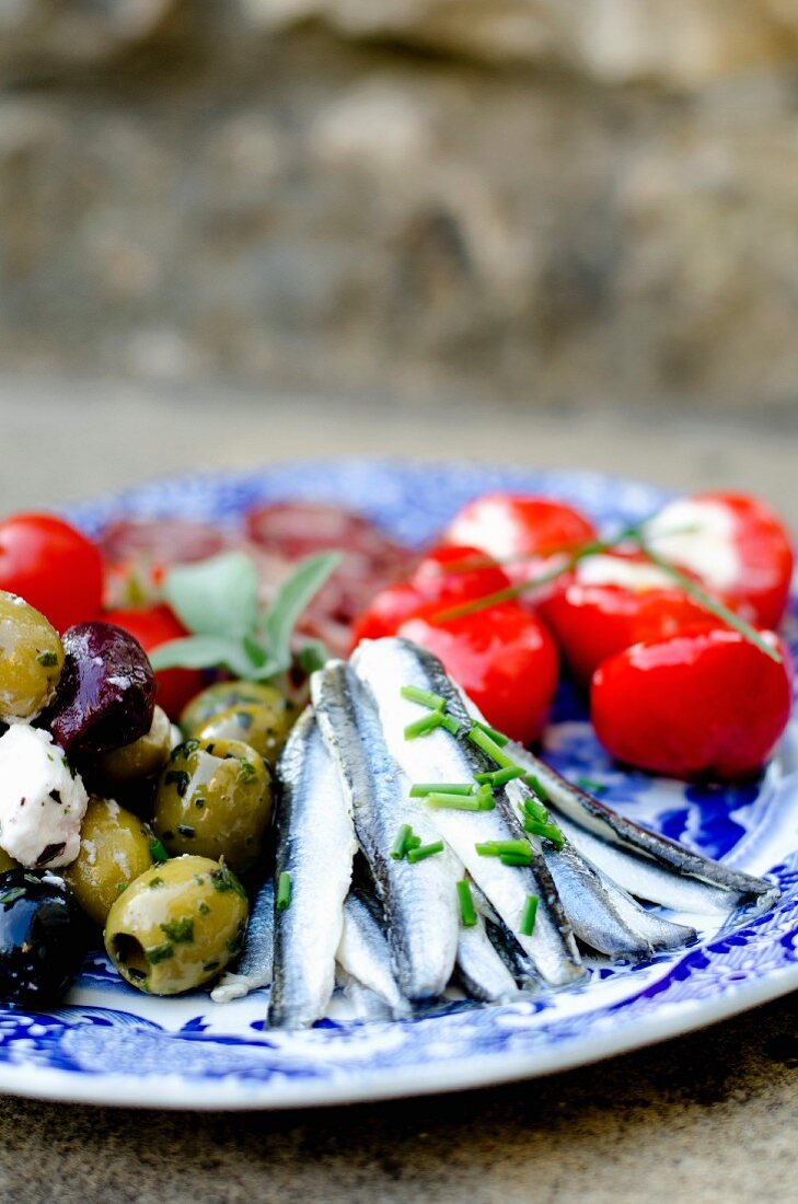 An antipasti platter with marinated anchovies, olives and pimientos filled with ricotta (Italy)