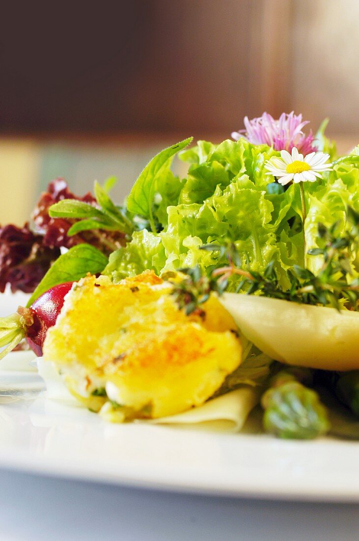 Blattsalate mit Kohlrabirohkost, Gartenkräutern, Spargelspitzen, Radieschen und Kartoffel-Schafskäse-Puffern (Österreich)