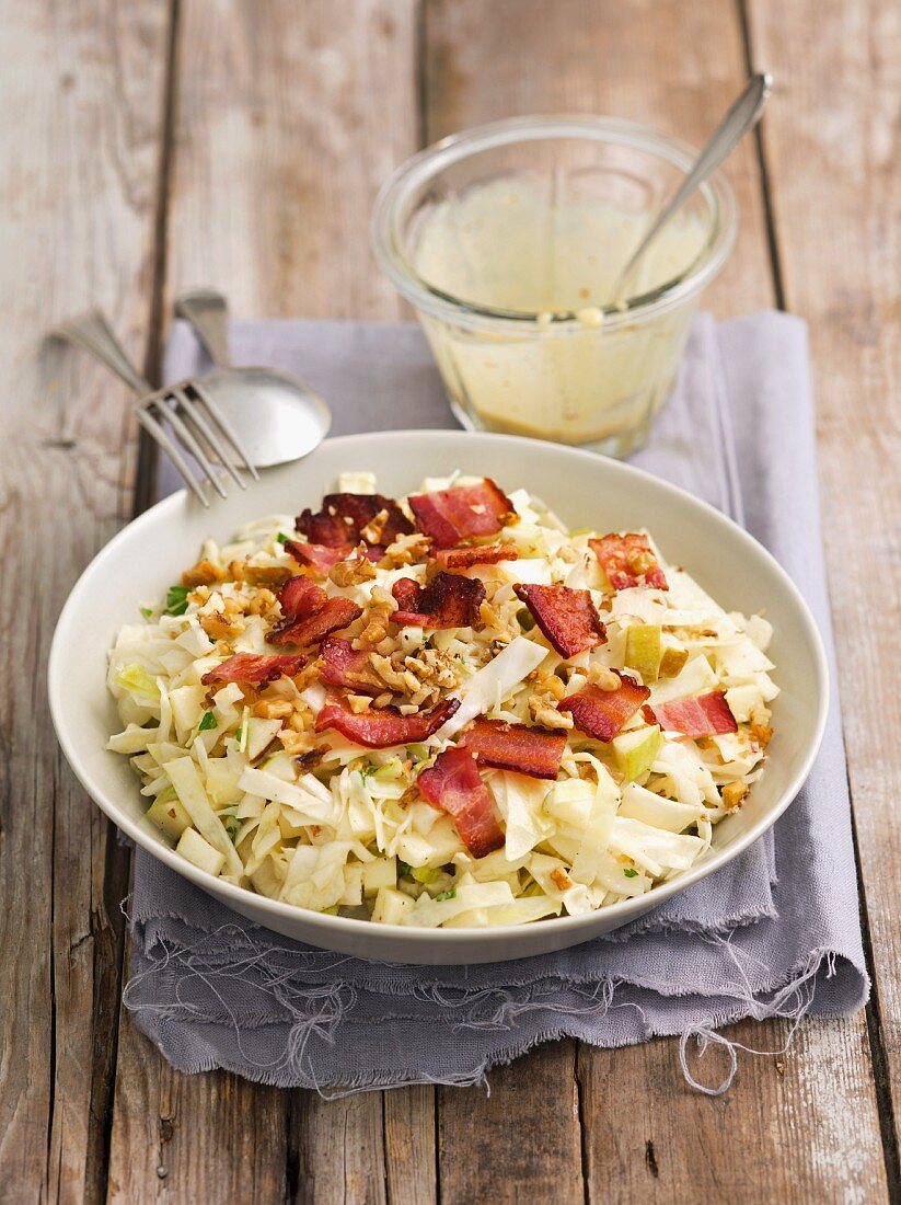 White cabbage salad with apples, walnuts, pancetta and a mustard vinaigrette