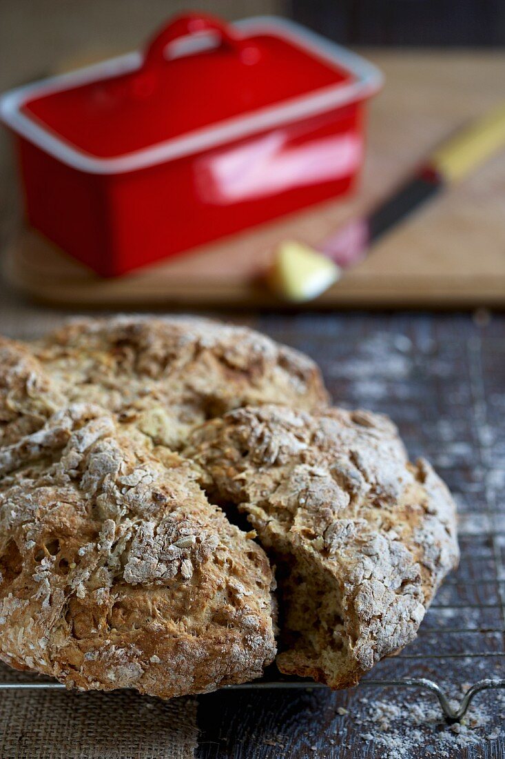 Soda bread, sliced, and butter