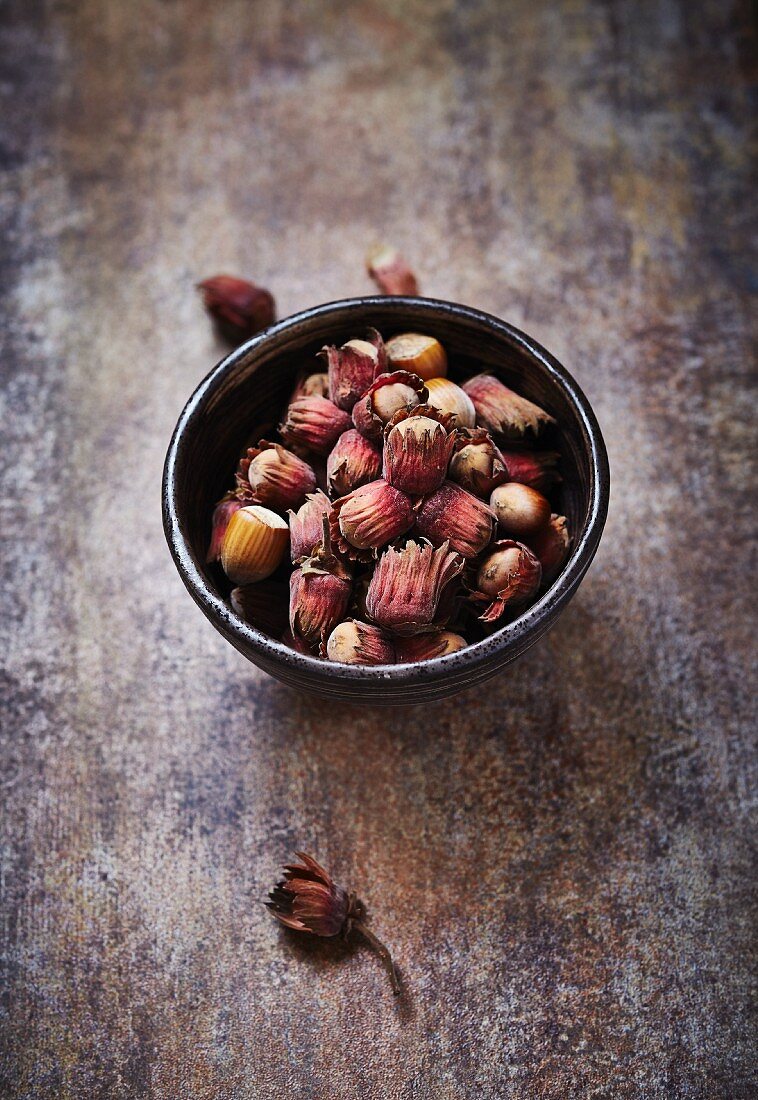 Fresh hazelnuts in a ceramic bowl