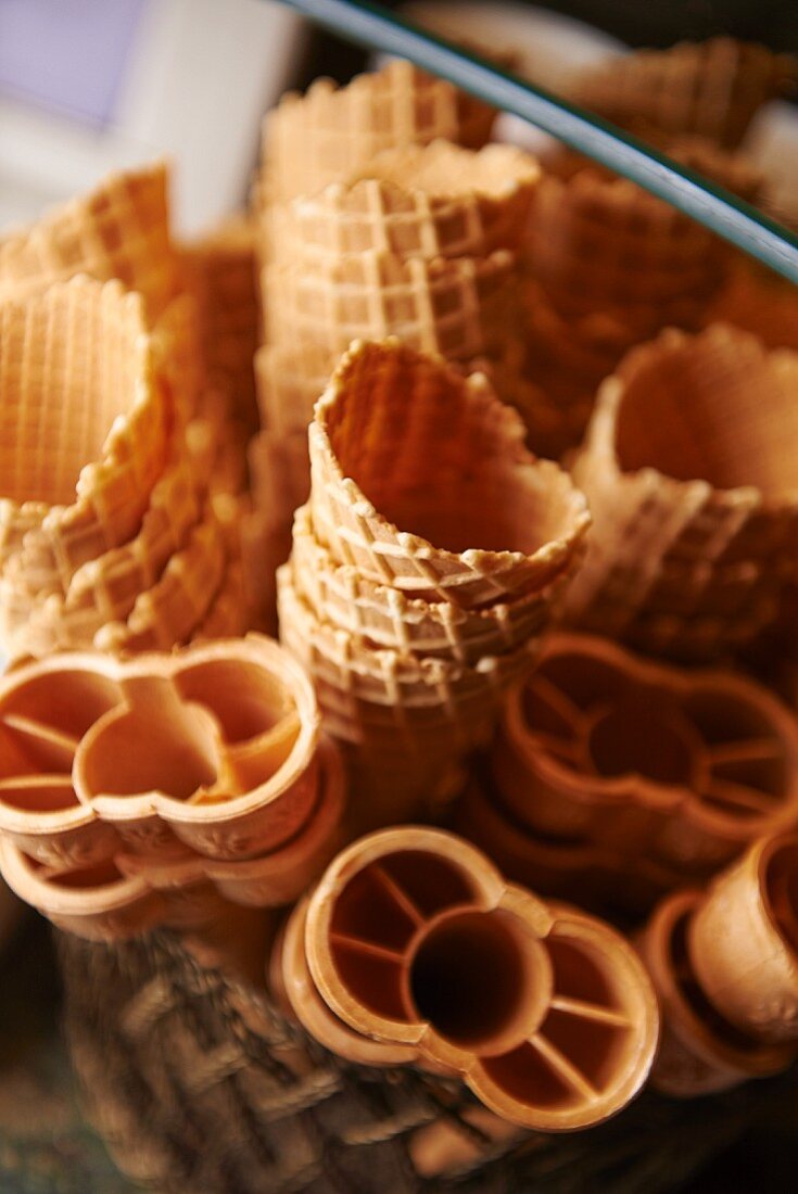 Assorted Flavored Ice Cream Cones; White Background