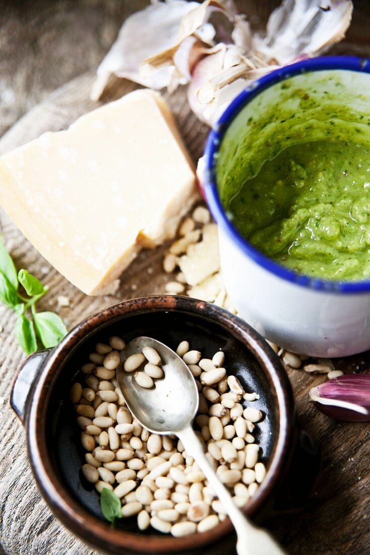 Pesto and ingredients