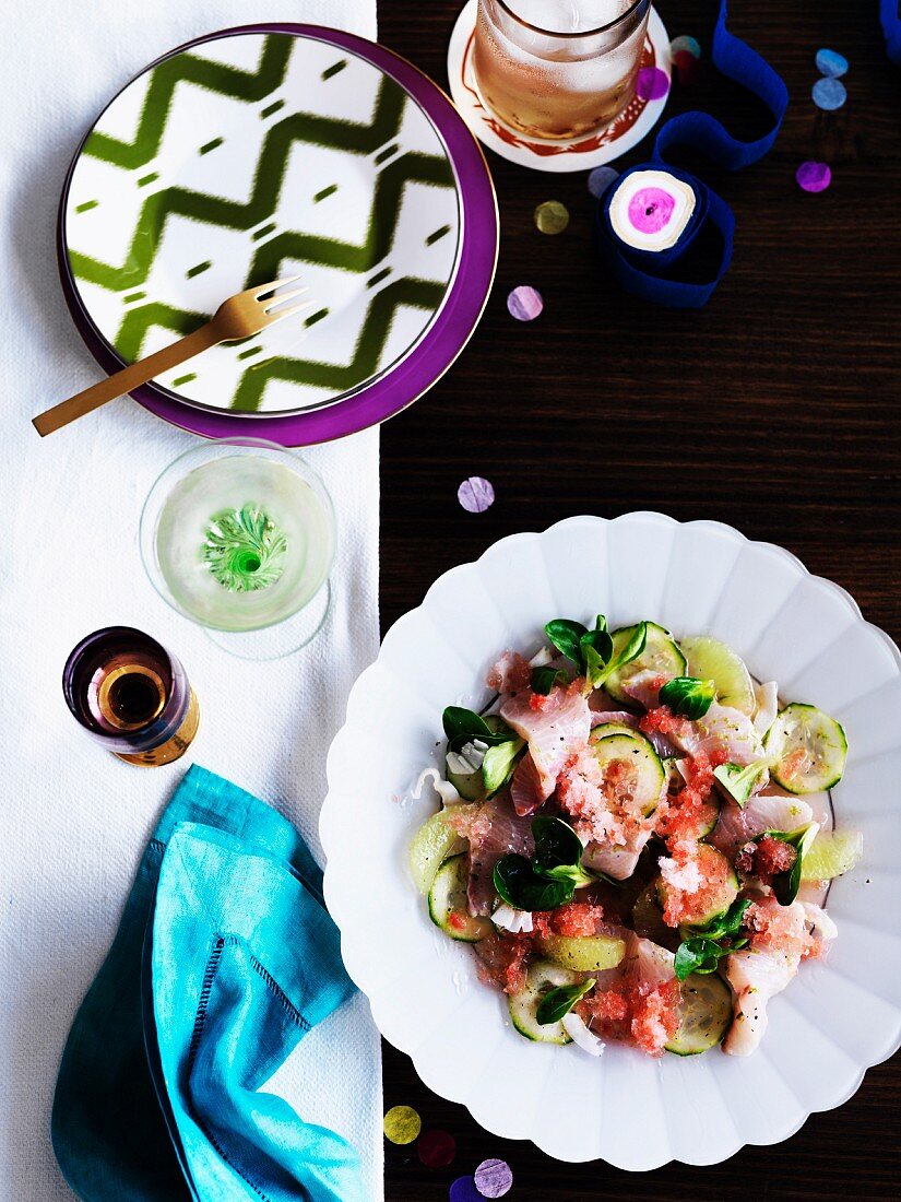Cucumber and watermelon salad with fish fillet