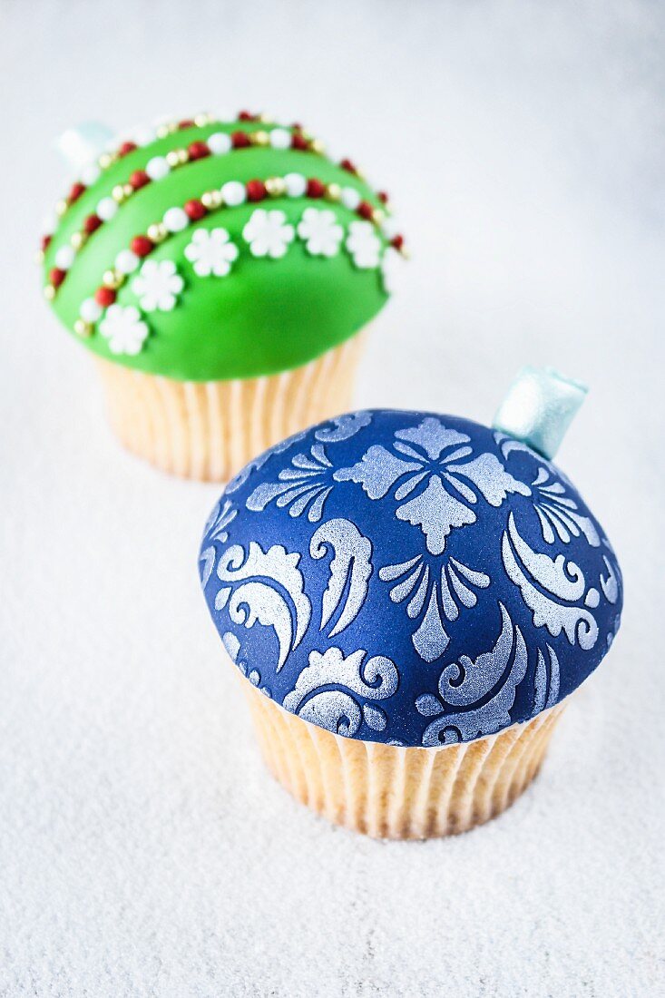 Two Christmas bauble cupcakes