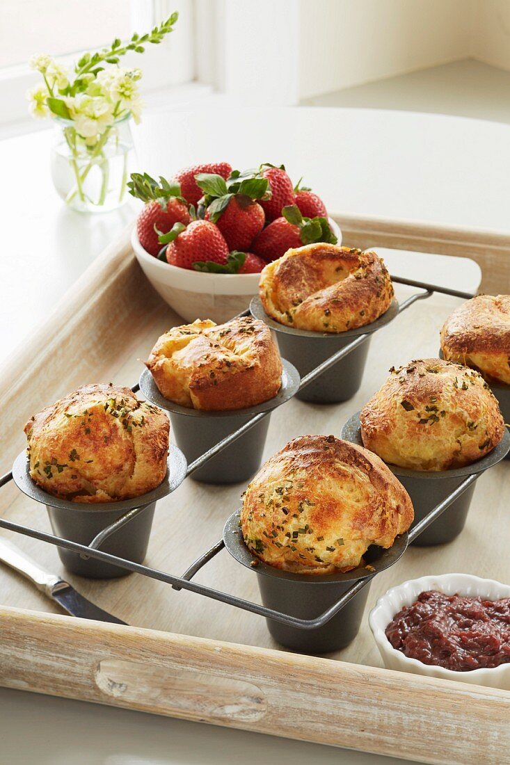 Cheddar and chive popovers served with strawberry chutney