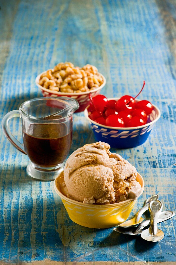 Hazelnut ice cream and ingredients for decorations