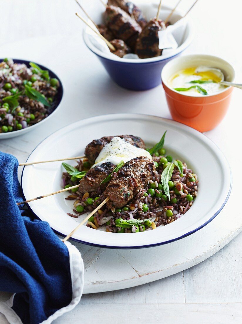 Turkey kofta with peas, mint and yogurt