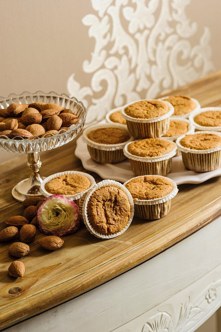 Almond muffins on a sideboard