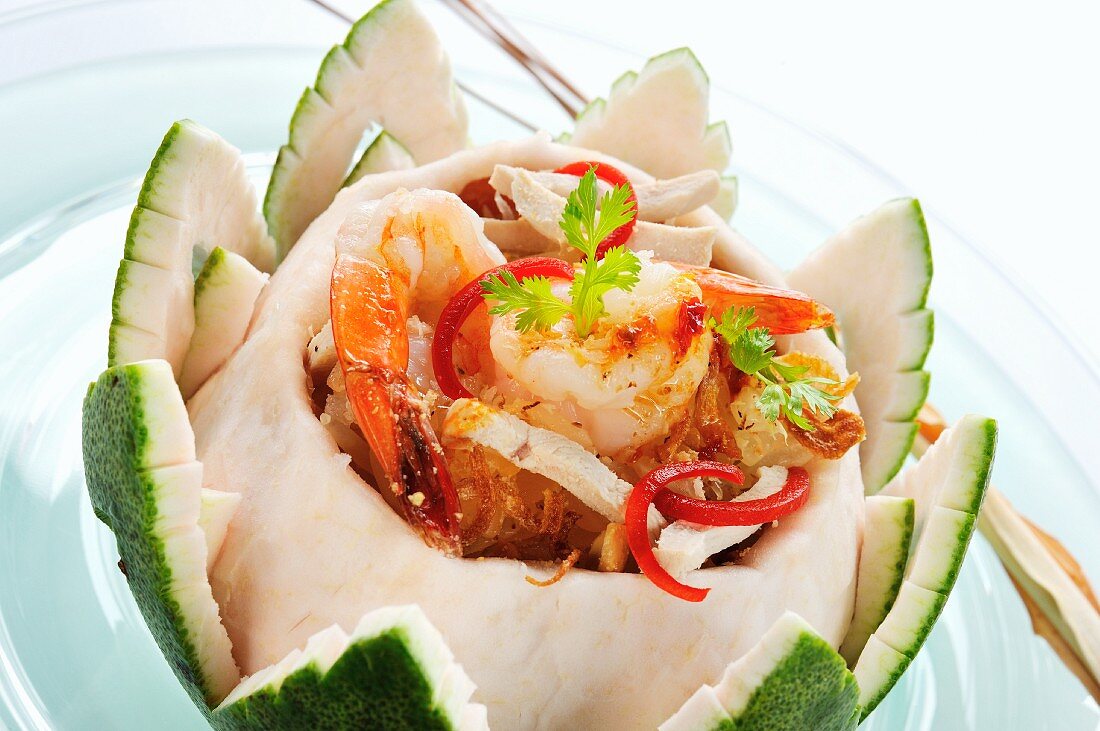 Seafood salad in a grapefruit bowl (Thailand)