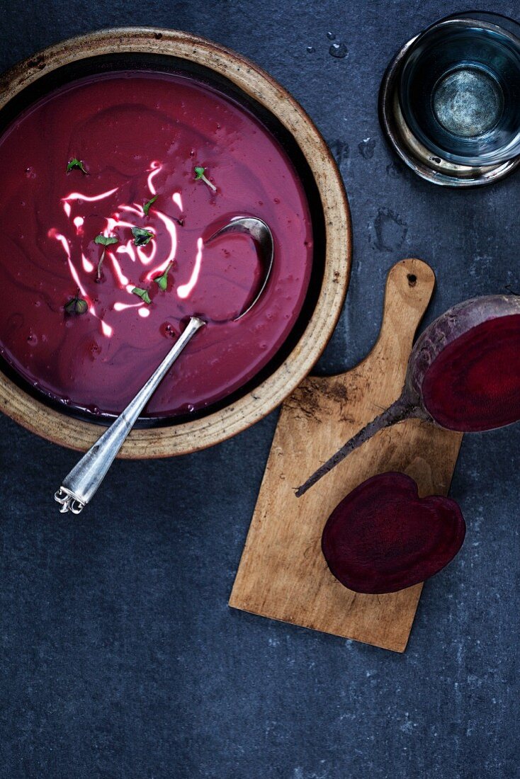 Bowl of Beet Soup with a Dollop of Sour Cream