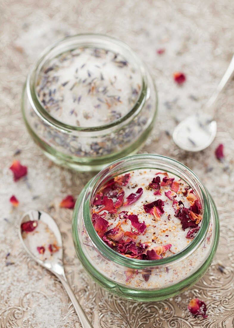 Jars of rose and lavender sugar on a metal tray