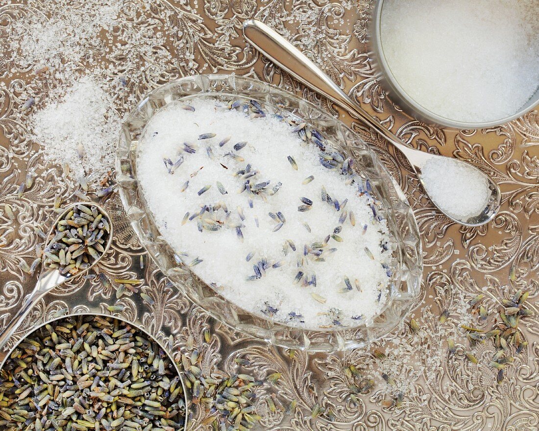 A dish of lavender sugar on a silver tray