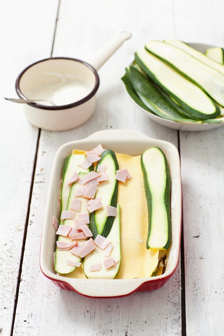 Unbaked courgette and ham lasagne